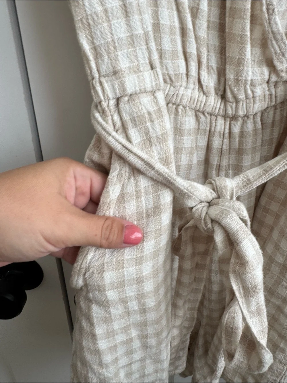 H&M L.O.G.G. Beige Gingham Linen Blend Tie Wrap Romper Size 14